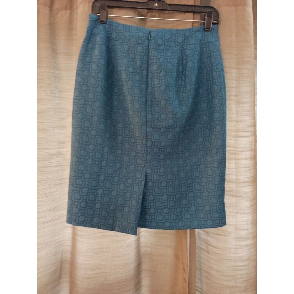 Women's Ann Taylor Teal/Blue Square Print With Shimmer Detail Pencil Skirt Sz 2 - Picture 4 of 6